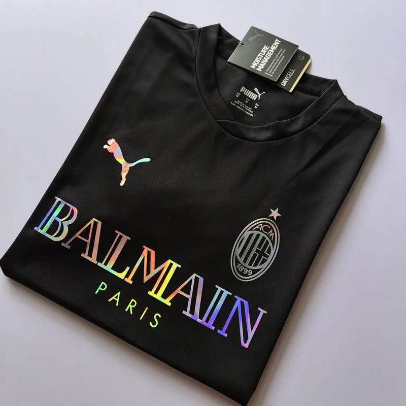 Camisa AC Milan BALMAIN 24/25 - Torcedor Masculina Refletiva Preta - Camisa de Time Oficial - Buyit