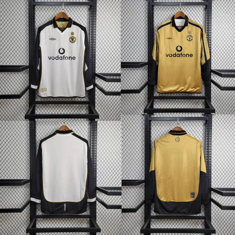 Camisa Manchester United Edição 100 Anos Retrô 2001/02 - Torcedor Masculina Branco, Preto e Dourado Manga Longa - Dupla Face - Camisa de Time Oficial - Buyit