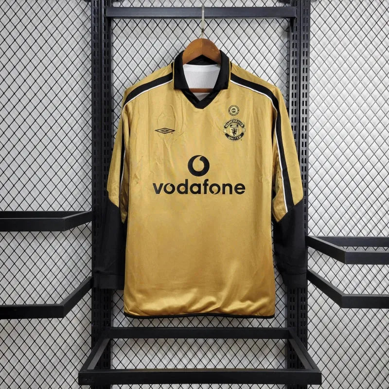 Camisa Manchester United Edição 100 Anos Retrô 2001/02 - Torcedor Masculina Branco, Preto e Dourado Manga Longa - Dupla Face - Camisa de Time Oficial - Buyit