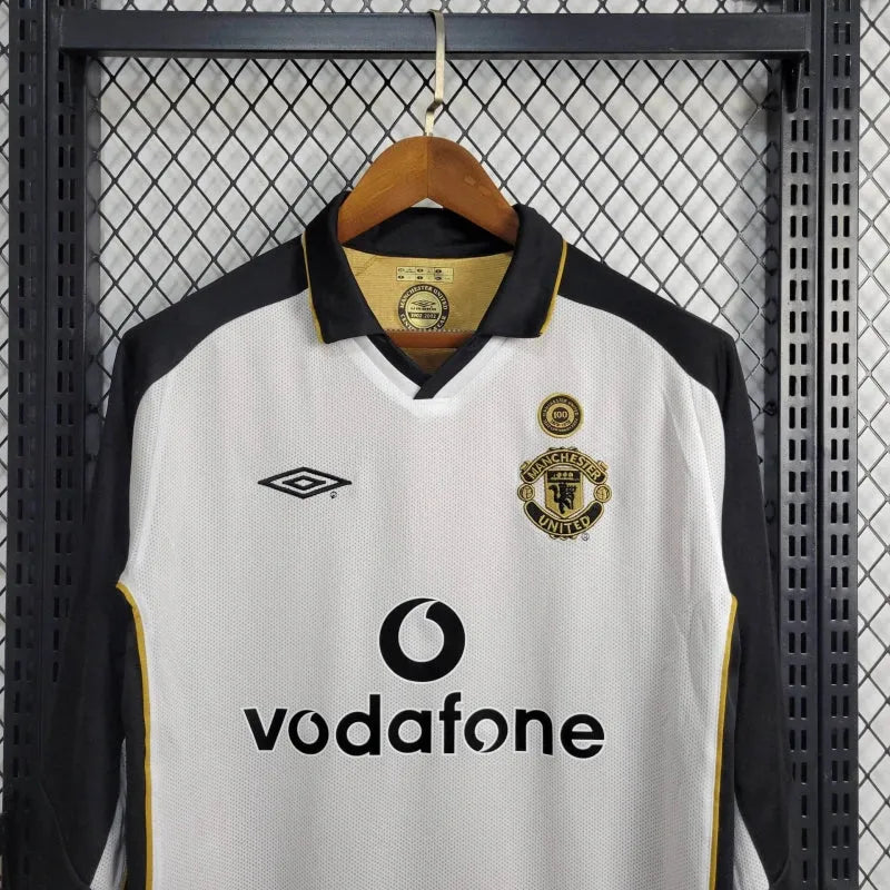 Camisa Manchester United Edição 100 Anos Retrô 2001/02 - Torcedor Masculina Branco, Preto e Dourado Manga Longa - Dupla Face - Camisa de Time Oficial - Buyit