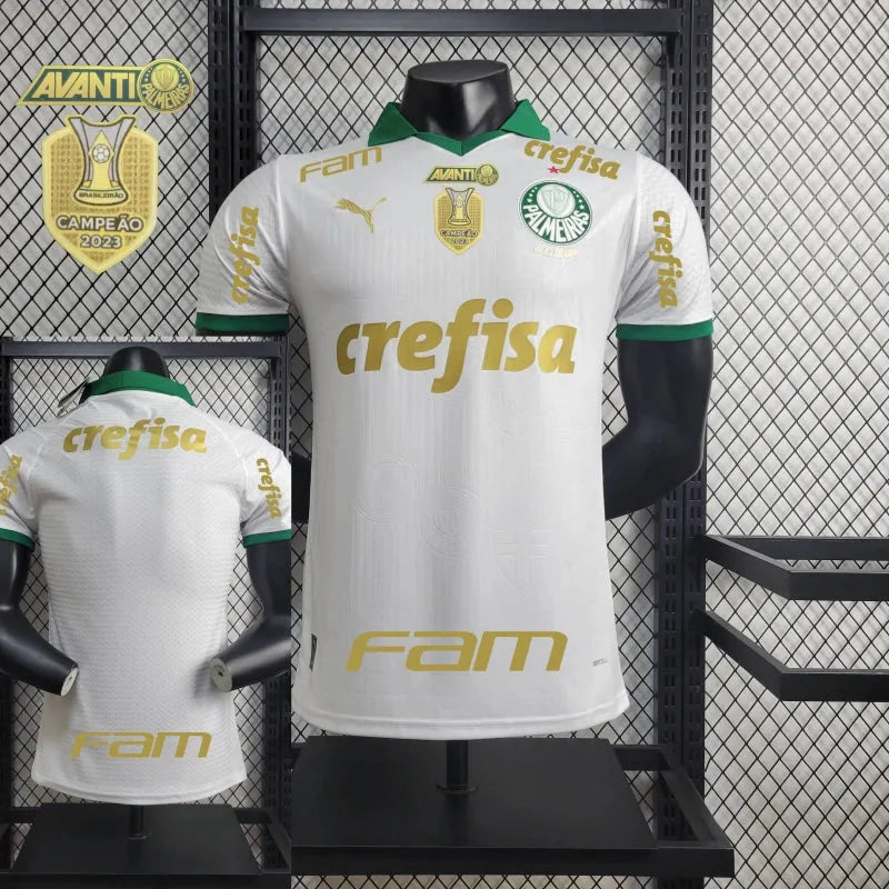 Camisa Palmeiras Away 24/25 - Jogador Masculina Branca e Dourada + Patch Brasileirão e Avanti + Patrocínios - Camisa de Time Oficial - Buyit