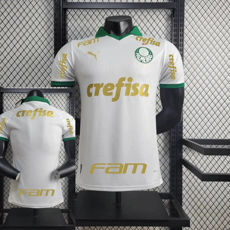 Camisa Palmeiras Away 24/25 - Jogador Masculina Branca e Dourada + Patch Brasileirão e Avanti + Patrocínios - Camisa de Time Oficial - Buyit