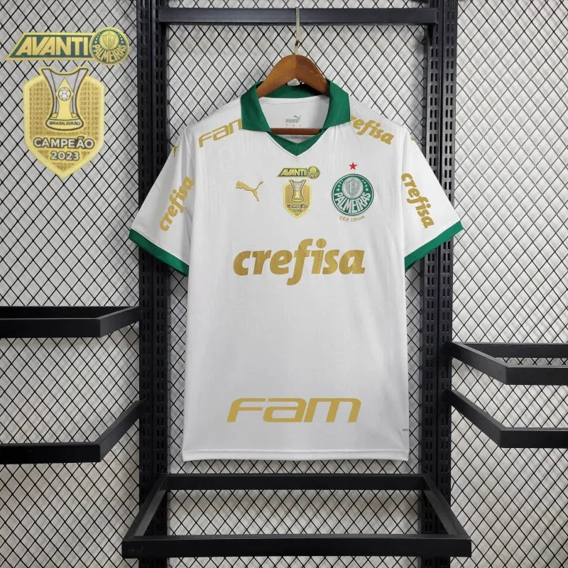 Camisa Palmeiras Away 24/25 - Torcedor Masculina Branca + Patch Brasileirão e Avanti + Patrocínios - Camisa de Time Oficial - Buyit