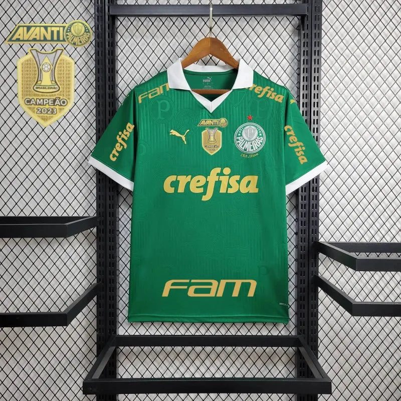 Camisa Palmeiras Home 24/25 - Torcedor Masculina Verde + Patch Brasileirão e Avanti + Patrocínios - Camisa de Time Oficial - Buyit