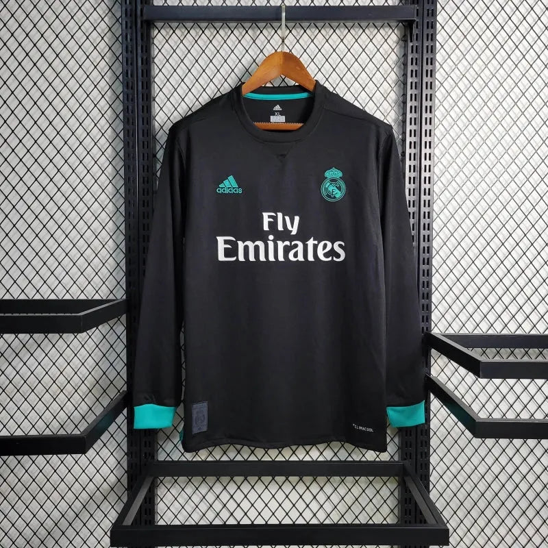 Camisa Real Madrid Away Retrô 2017/18 - Torcedor Masculina Preta e Azul Manga Longa - Camisa de Time Oficial - Buyit