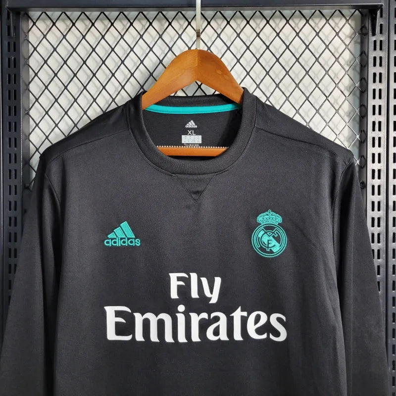 Camisa Real Madrid Away Retrô 2017/18 - Torcedor Masculina Preta e Azul Manga Longa - Camisa de Time Oficial - Buyit