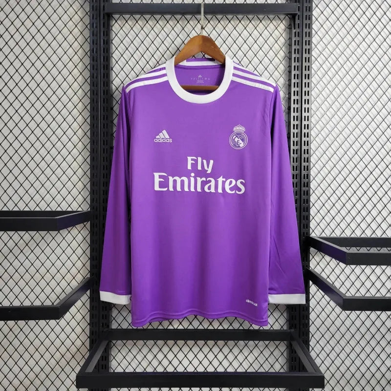 Camisa Real Madrid Away Retrô 2017/18 - Torcedor Masculina Roxa Manga Longa - Camisa de Time Oficial - Buyit