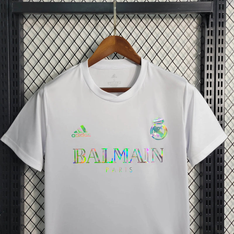 Camisa Real Madrid BALMAIN 23/24 - Torcedor Masculina Refletiva Branca - Camisa de Time Oficial - Buyit