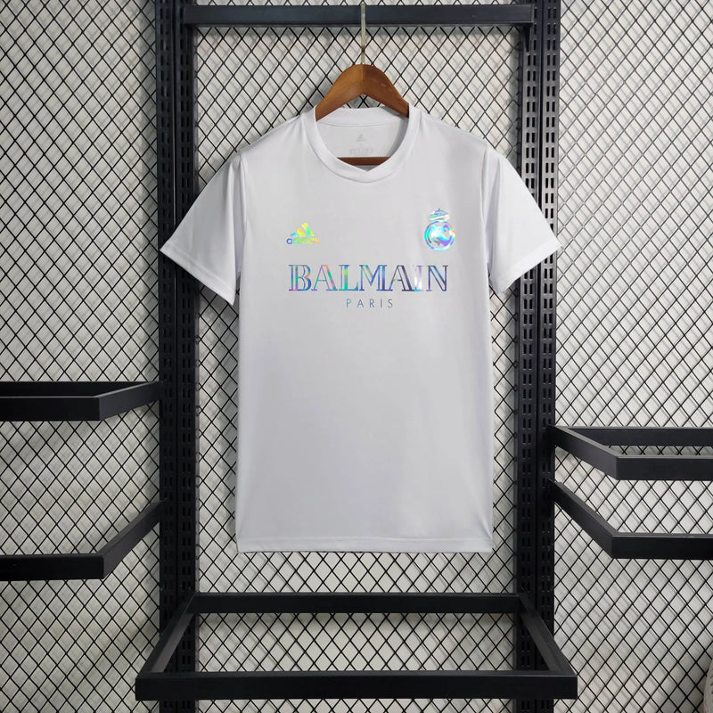 Camisa Real Madrid BALMAIN 23/24 - Torcedor Masculina Refletiva Branca - Camisa de Time Oficial - Buyit