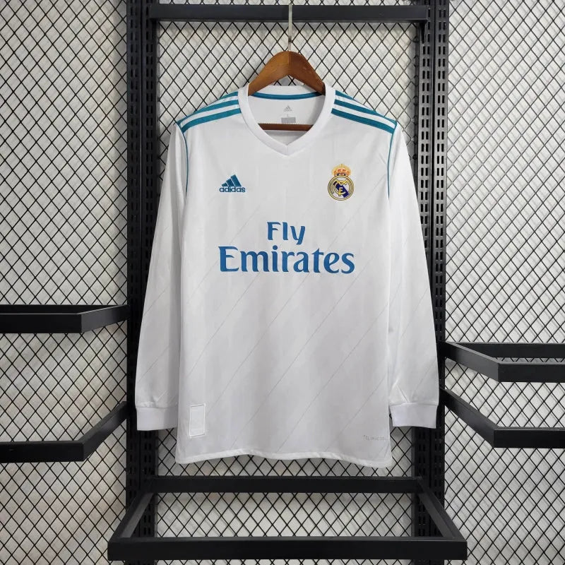 Camisa Real Madrid Home Retrô 2017/18 - Torcedor Masculina Branca e Azul Manga Longa - Camisa de Time Oficial - Buyit