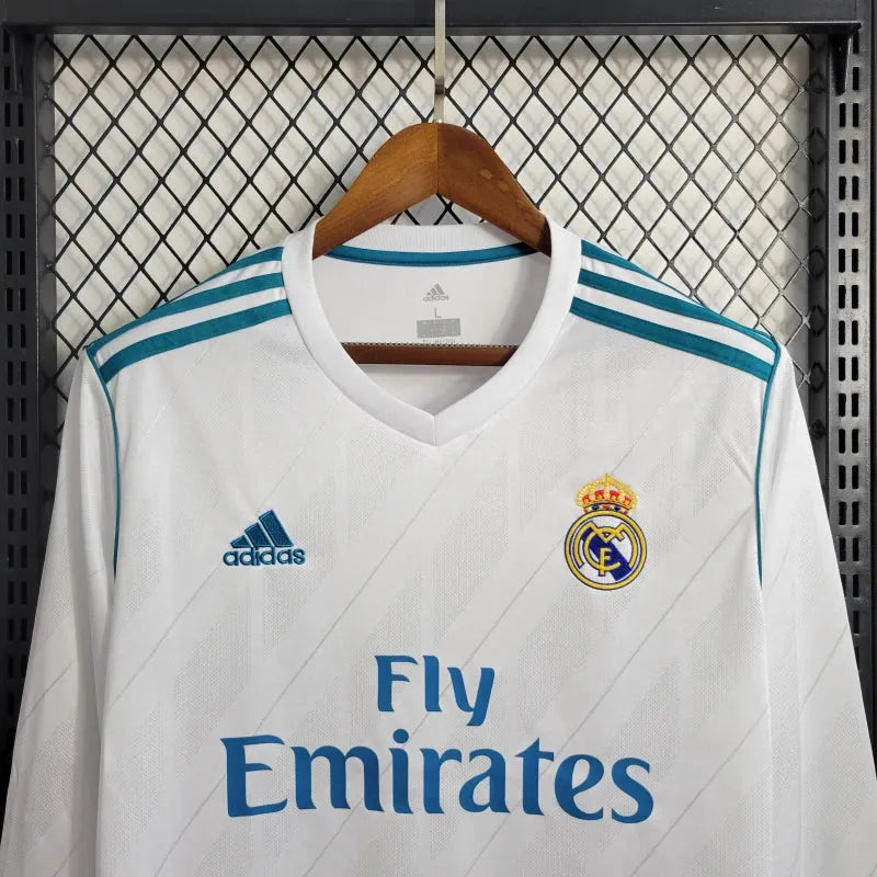 Camisa Real Madrid Home Retrô 2017/18 - Torcedor Masculina Branca e Azul Manga Longa - Camisa de Time Oficial - Buyit