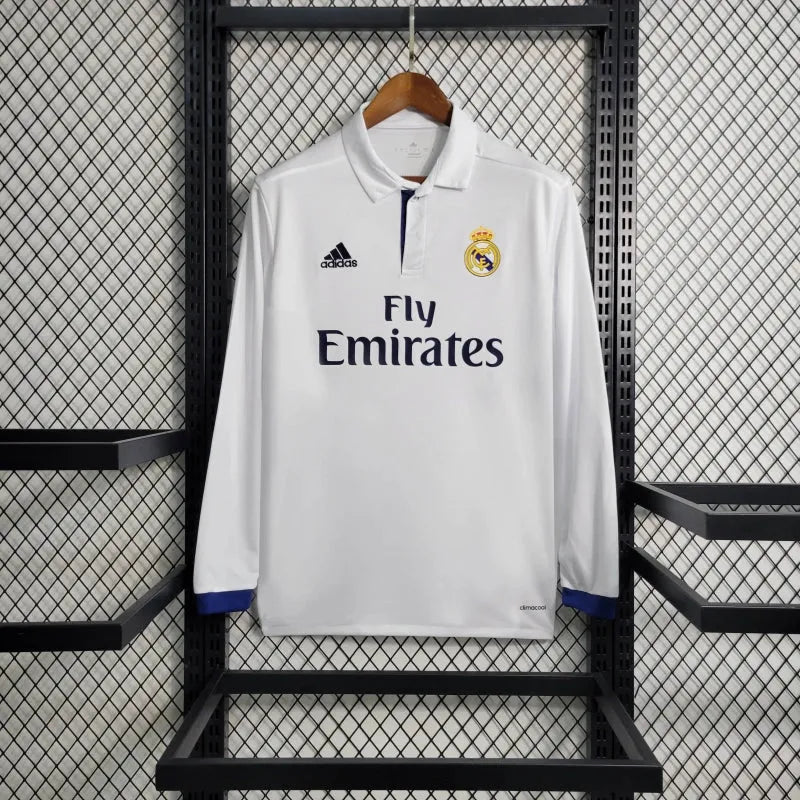 Camisa Real Madrid Main Retrô 2016/17 - Torcedor Masculina Branca Manga Longa - Camisa de Time Oficial - Buyit