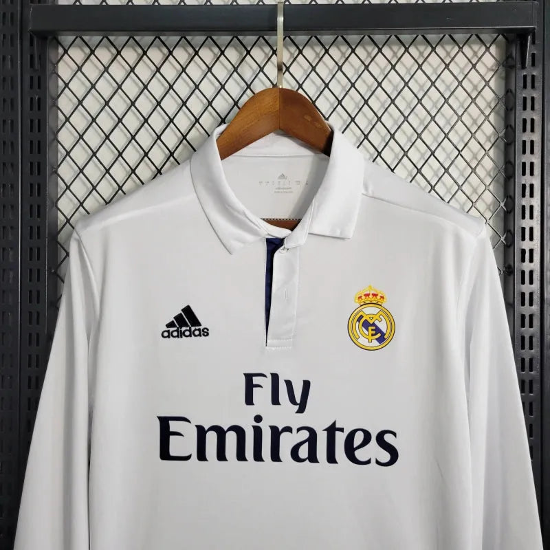 Camisa Real Madrid Main Retrô 2016/17 - Torcedor Masculina Branca Manga Longa - Camisa de Time Oficial - Buyit