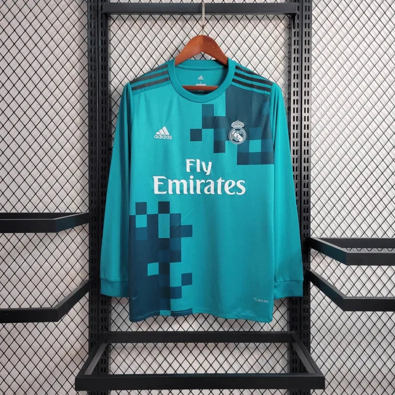 Camisa Real Madrid Retrô 2017/18 - Torcedor Masculina Azul Manga Longa - Camisa de Time Oficial - Buyit