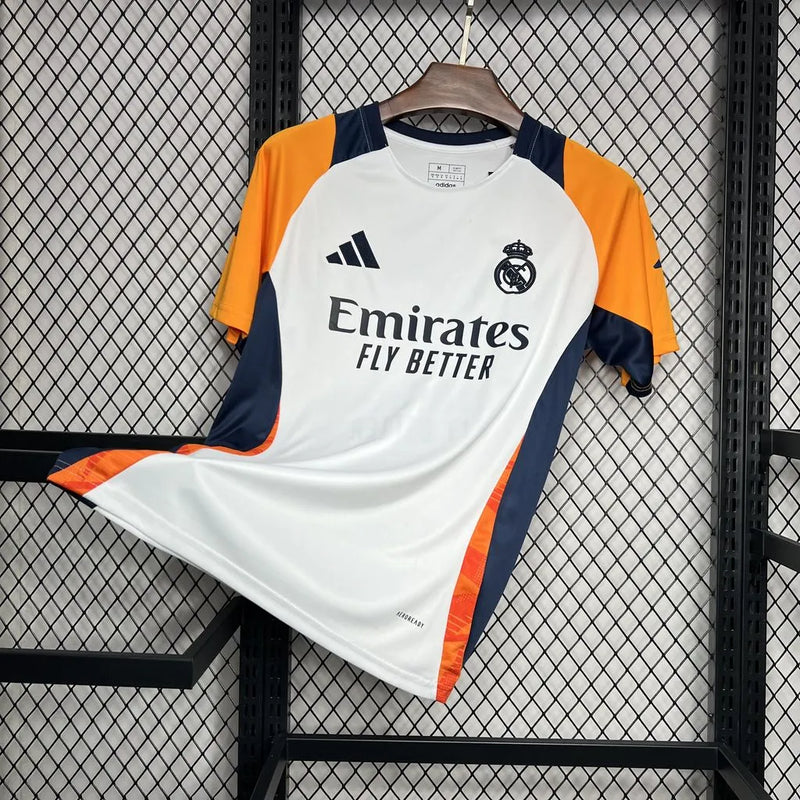 Camisa Real Madrid Treino 24/25 - Torcedor Masculina Branca e Laranja - Camisa de Time Oficial - Buyit